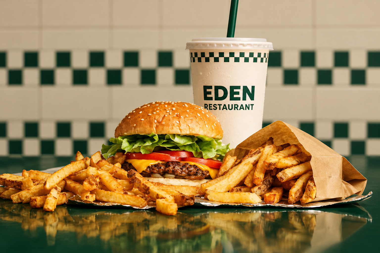 Création visuelle EDEN Restaurant : burger, frites et gobelet sur un comptoir vert anglais, devant un damier crème et vert